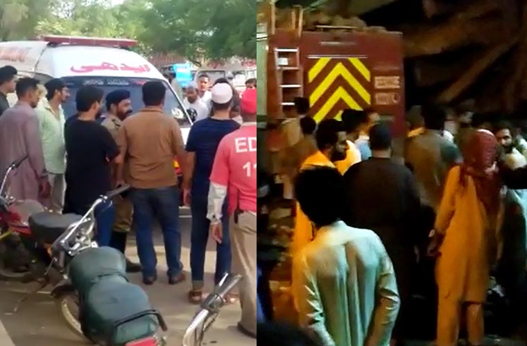 کراچی : گتہ فیکٹری میں آتشزدگی، دو عمارتیں زمین بوس، چار فائر فائٹرز جاں بحق