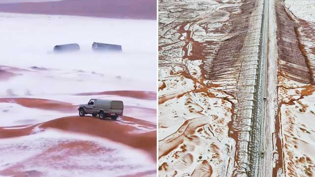 تاریخ میں پہلی بار سعودی عرب میں برف باری، لوگ پریشان