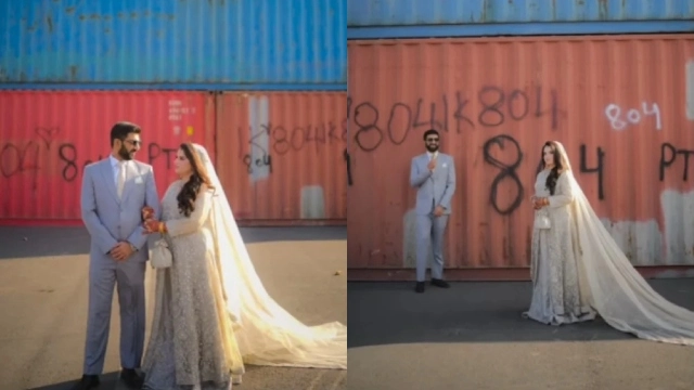نئے نویلے جوڑے کا کنٹینرز کے پاس ویڈنگ فوٹو شوٹ وائرل