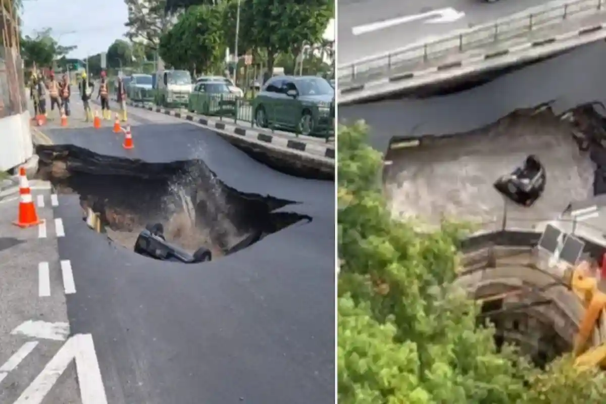 سنگاپور: ٹریفک کی روانی کے دوران سڑک اچانک دھنس گئی