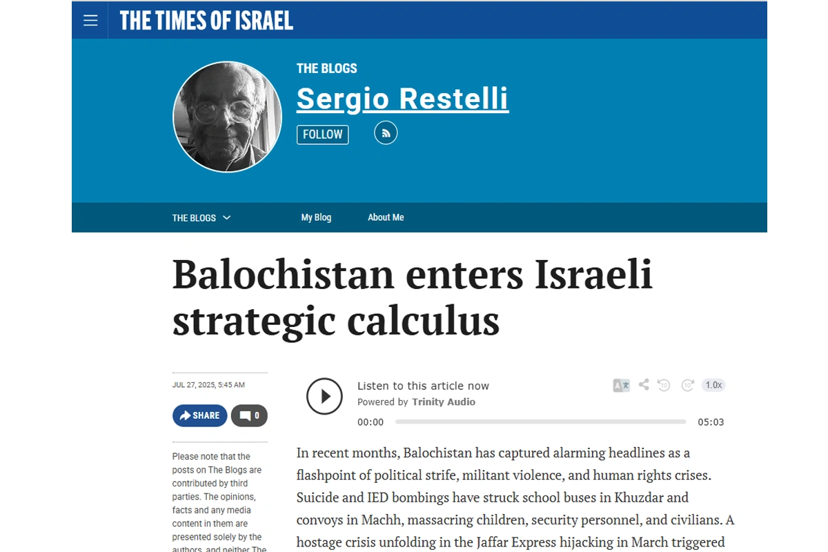 اسرائیل کا بلوچستان میں بڑھتا ہوا رجحان، ٹائمز آف اسرائیل نے تصدیق کردی