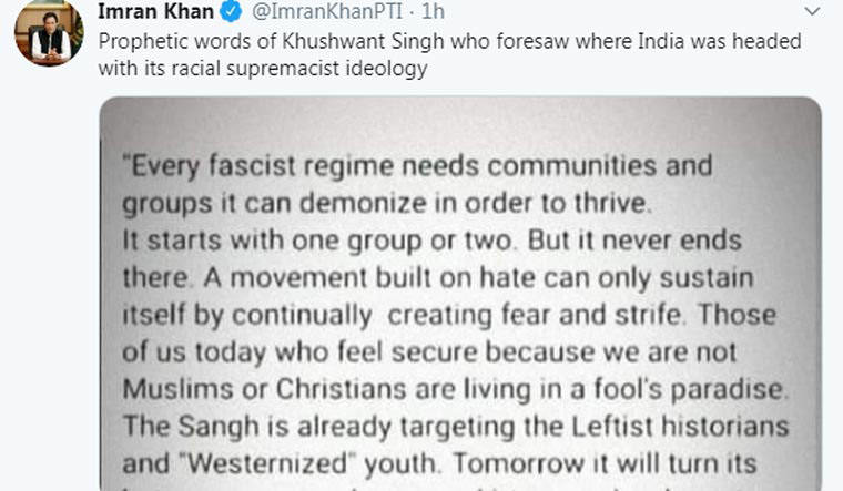 Pakistan Prime Minister shares Khushwant Singh article on future of India