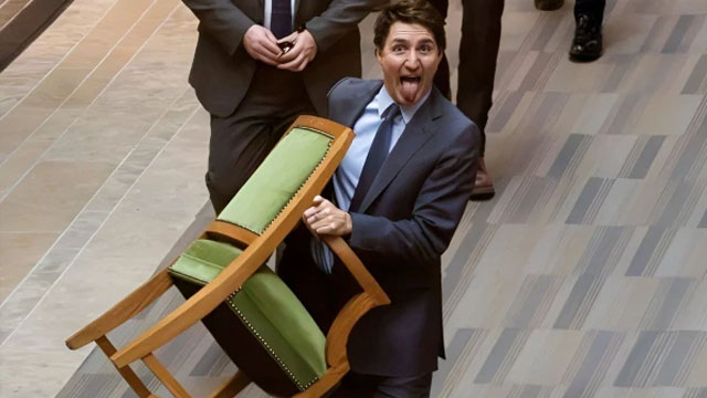 Why did outgoing PM Trudeau take his chair from parliament to home?
