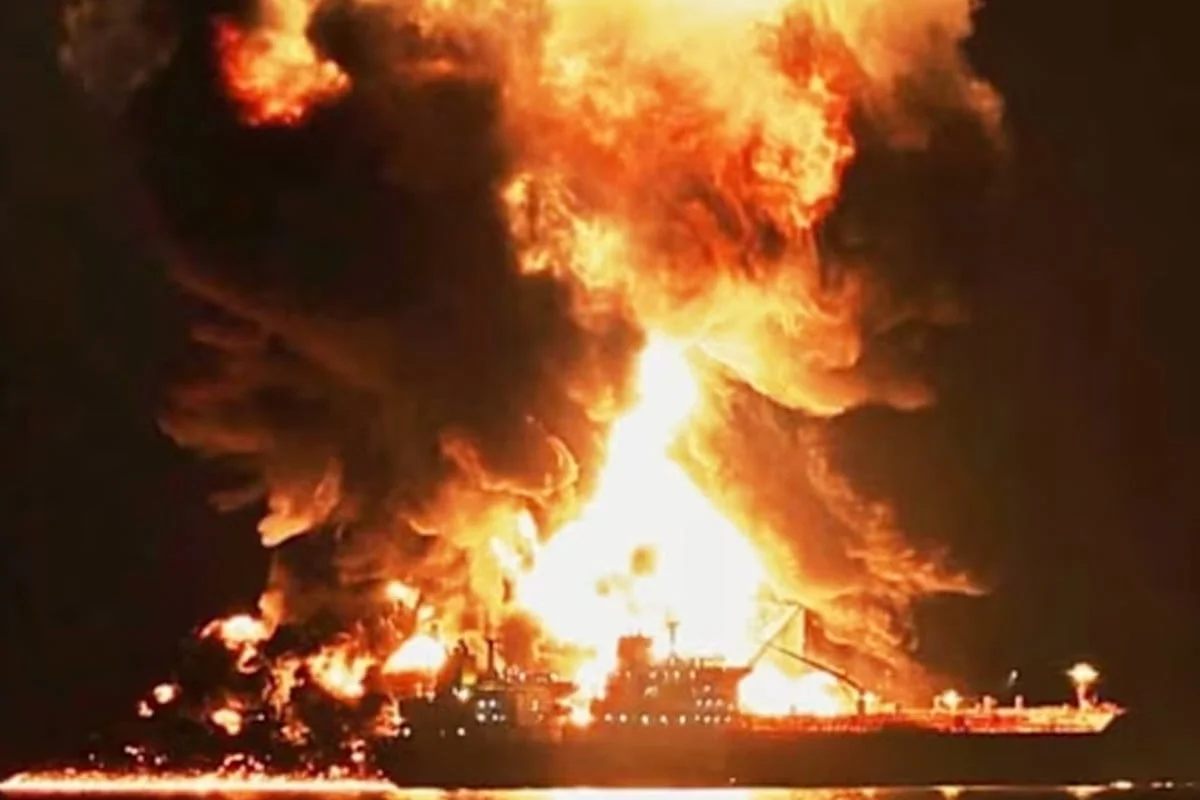 Oil Tanker Catches Fire After Hitting Mine in Strait of Hormuz