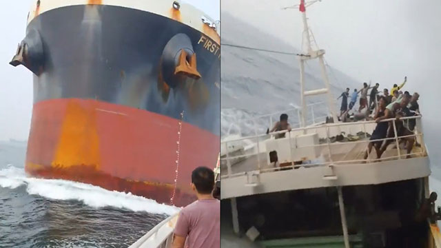A cargo ship crashes into a fishing vessel