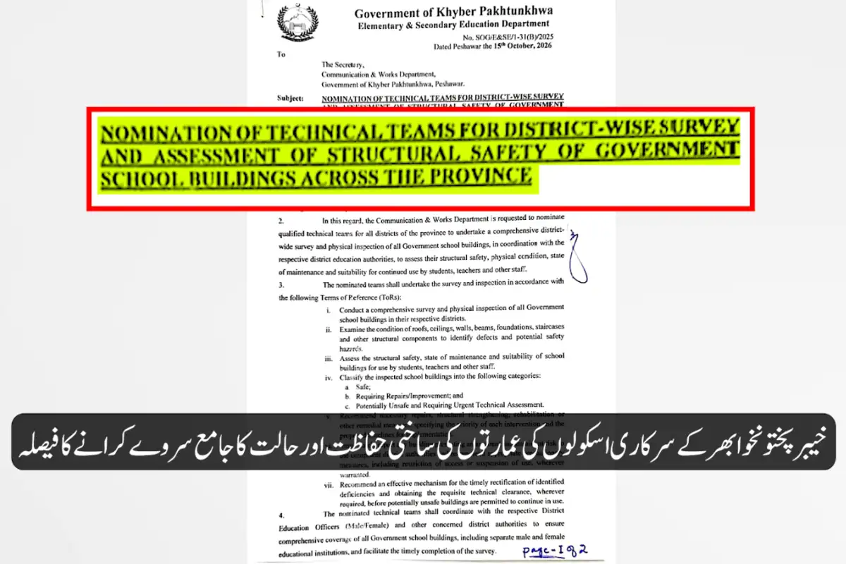 KP Govt Orders Safety Survey of Public School Buildings Across Province
